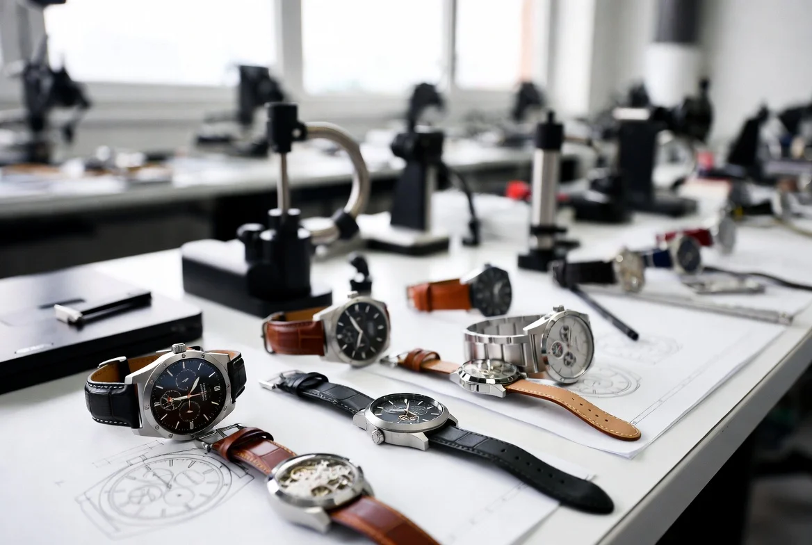 Концепция OEM-часов – фирменные часы с Фабрика технические чертежи профессиональная мастерская стол демонстрирующая готовые часовизображение с на заказ бренд логотипы рядом изображение технические дизайн чертежи и измерительные инструменты, иллюстрирующие как OEM часовизображение являются производятся изображение изображение фабрика и продаются под клиент’изображение бренд название